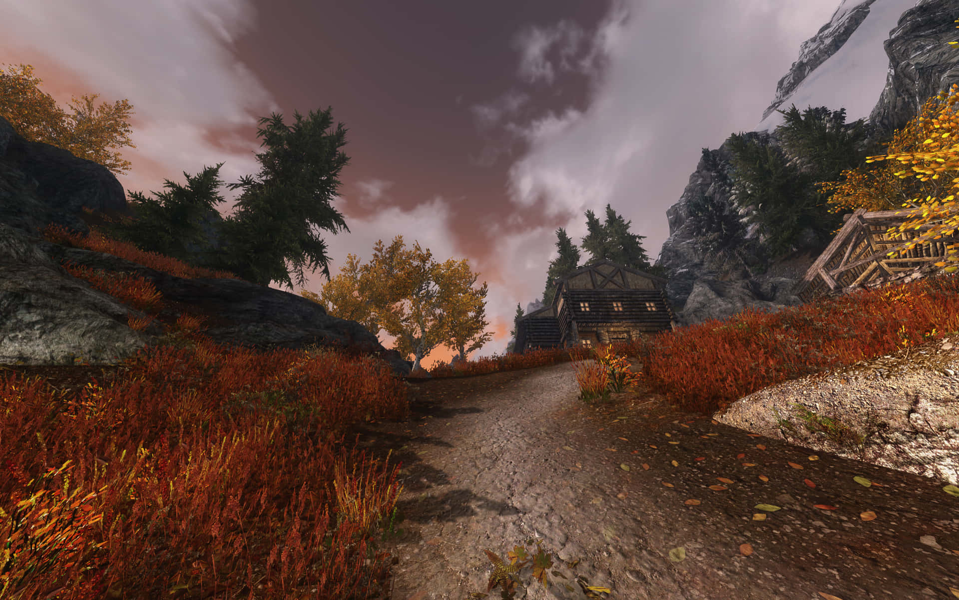 Uphill Wooden House Skyrim Landscape Background