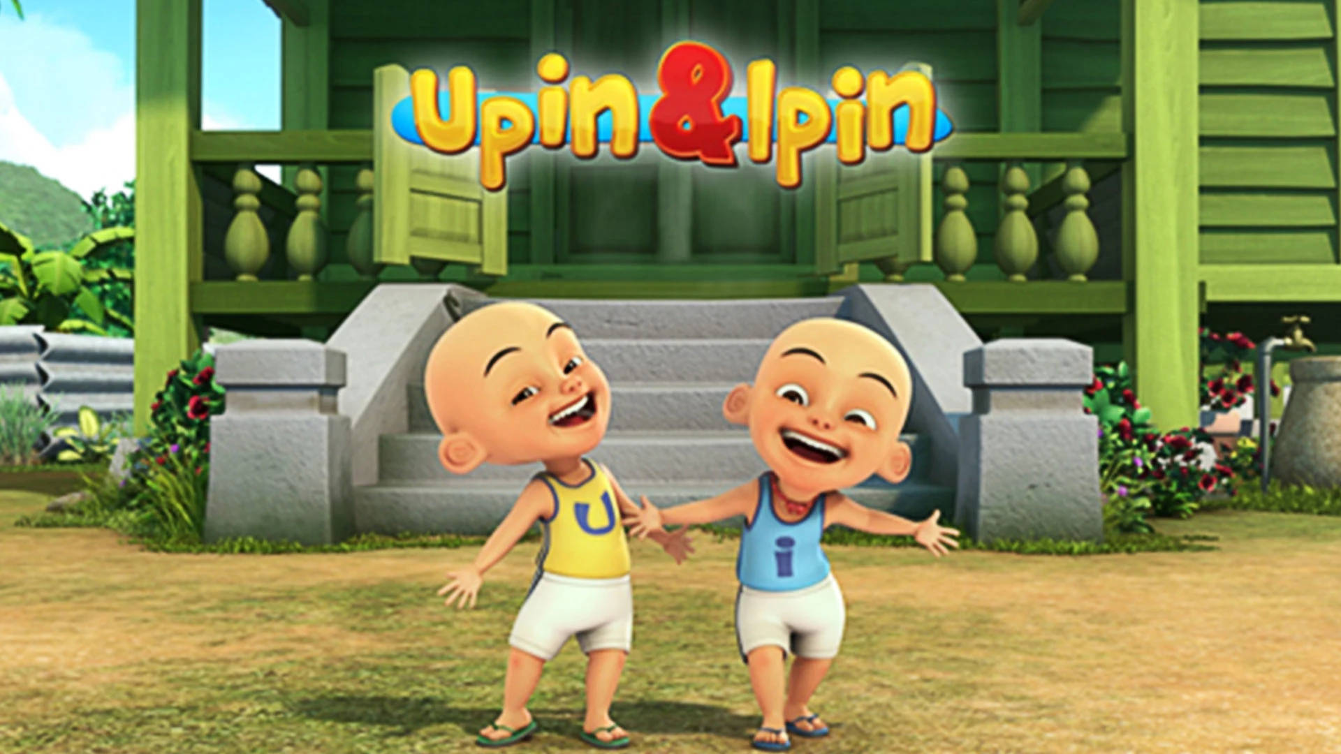 Upin And Ipin Cheerily Standing Outside Their Traditional Malaysian Home.