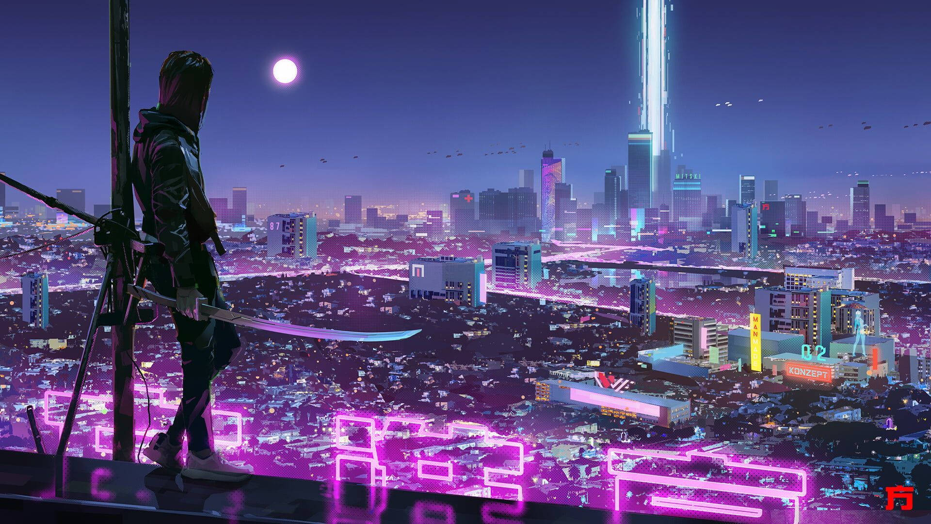 Urban Japanese Aesthetic Purple Neon Computer Background