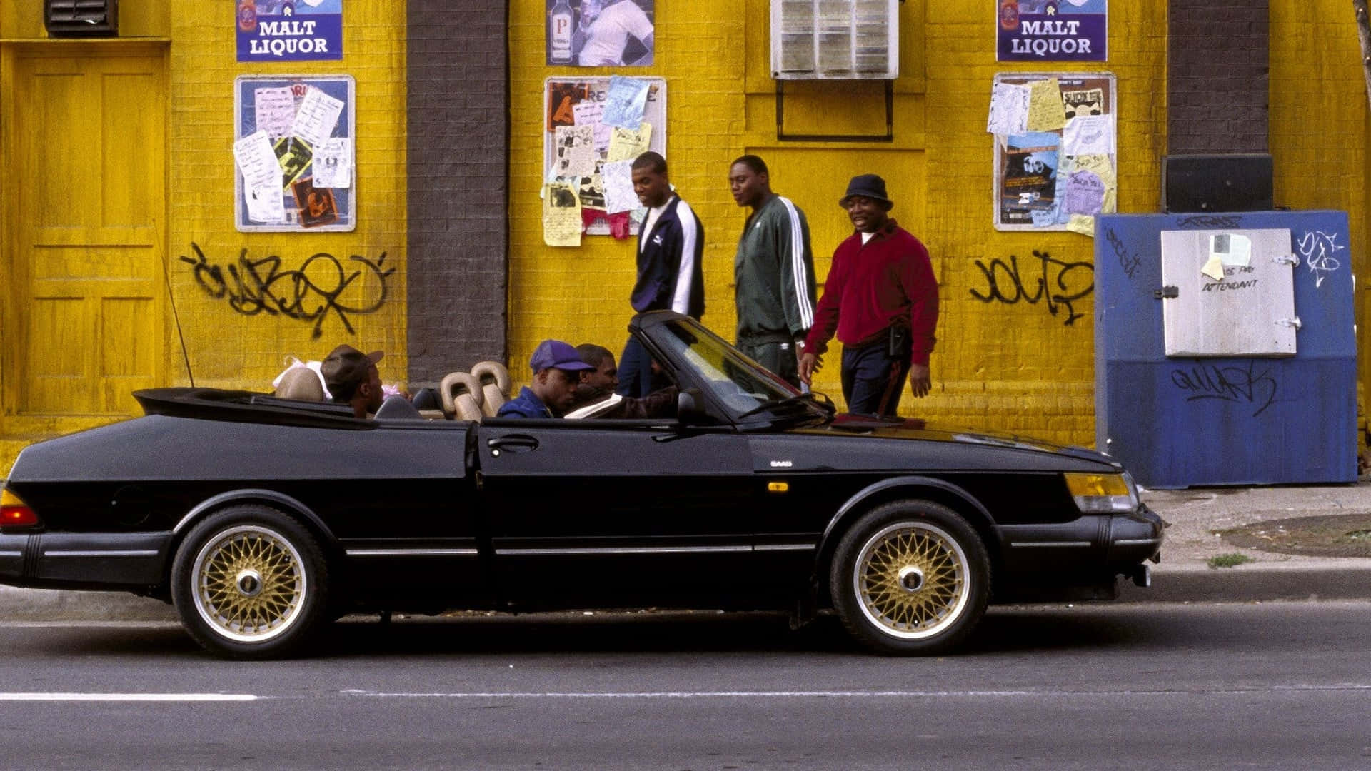 Urban Street Scene With Classic Car And People Background