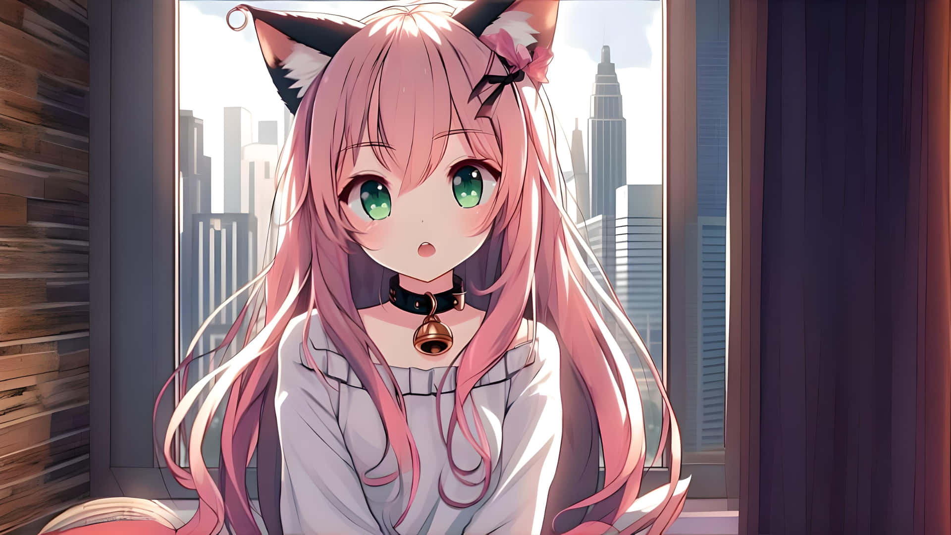 Urban Window Catgirl Anime Art Background