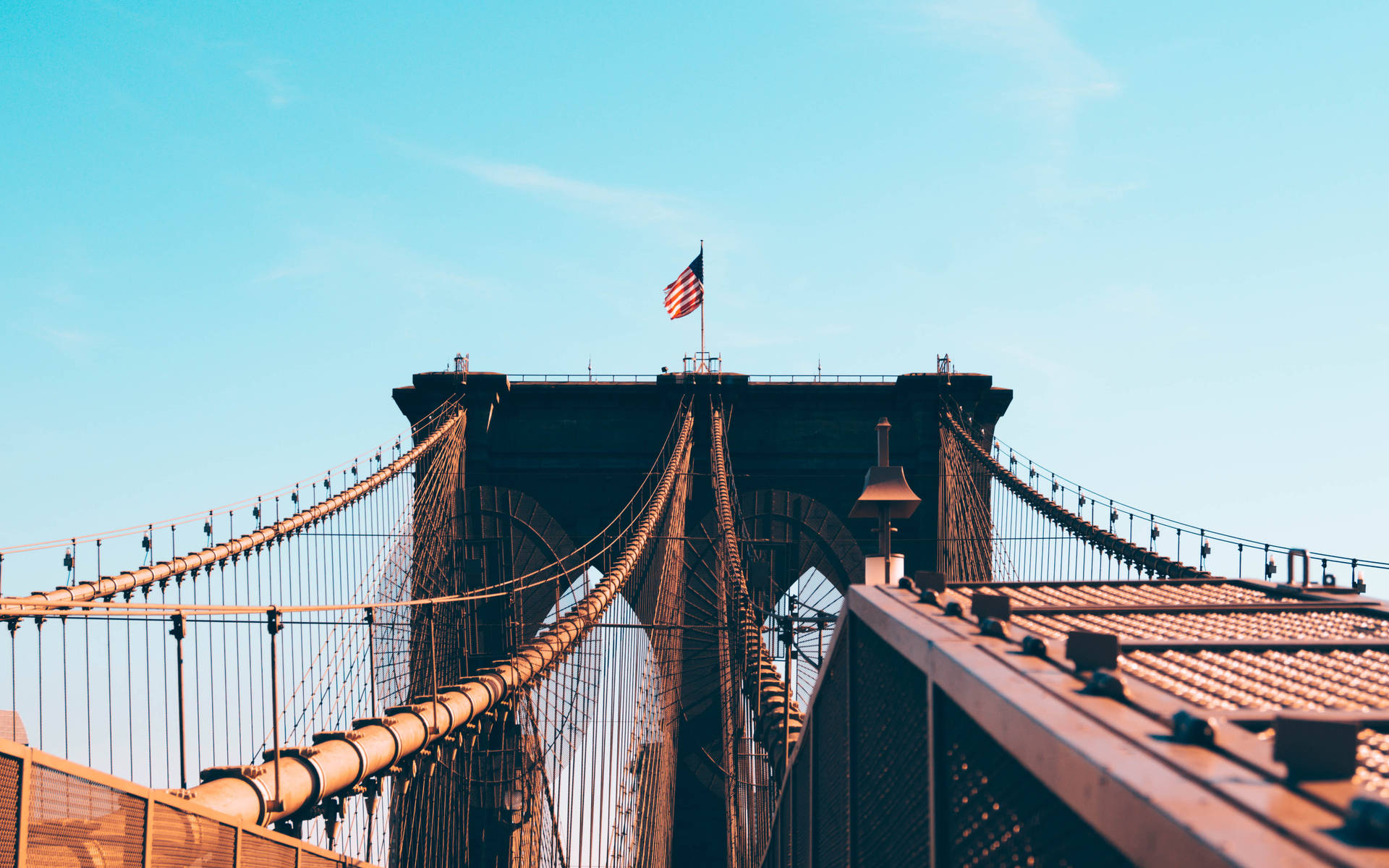 Us Flag On Brooklyn Bridge Background