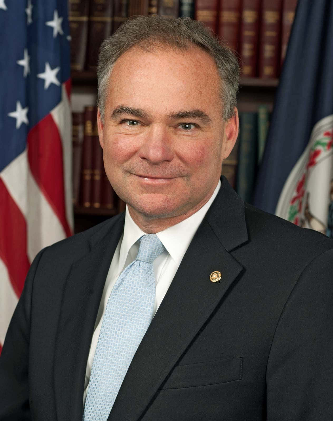 Us Politician Tim Kaine Portrait Flag Background