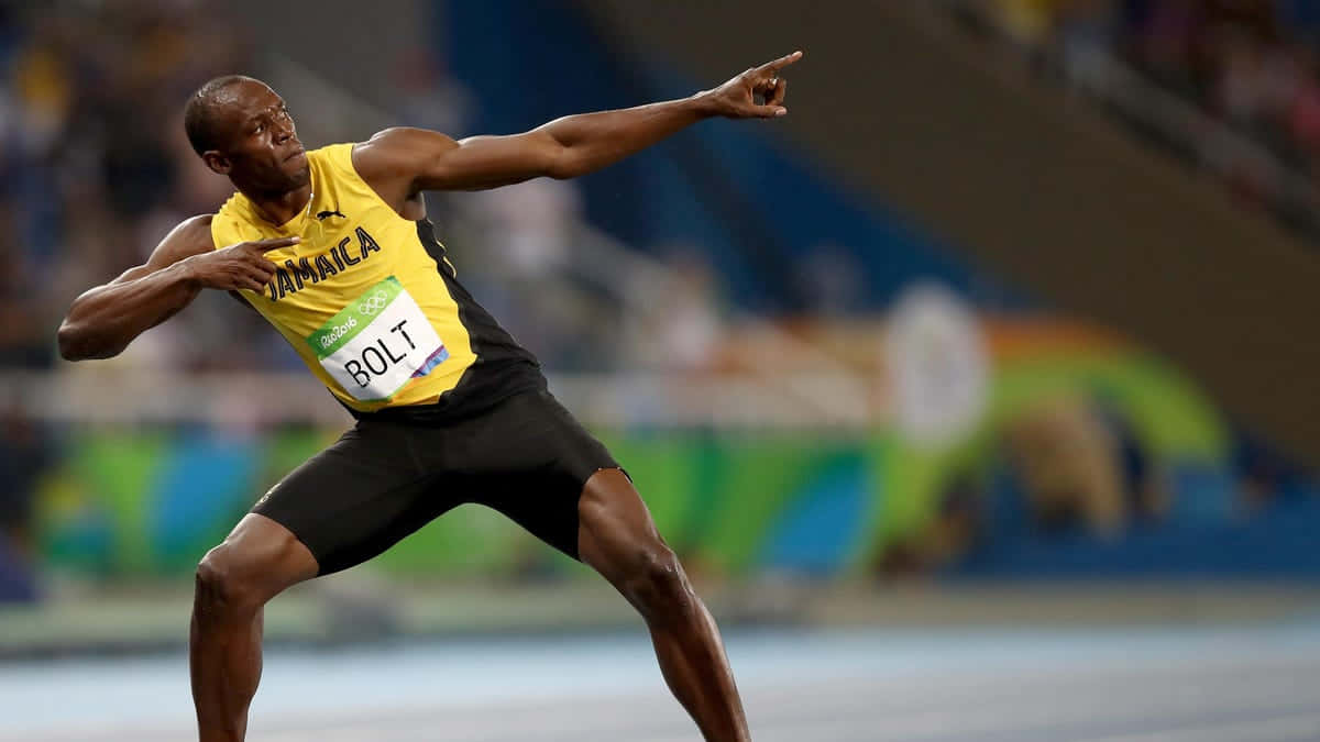 Usain Bolt Glowing With Victory In Signature Pose Background