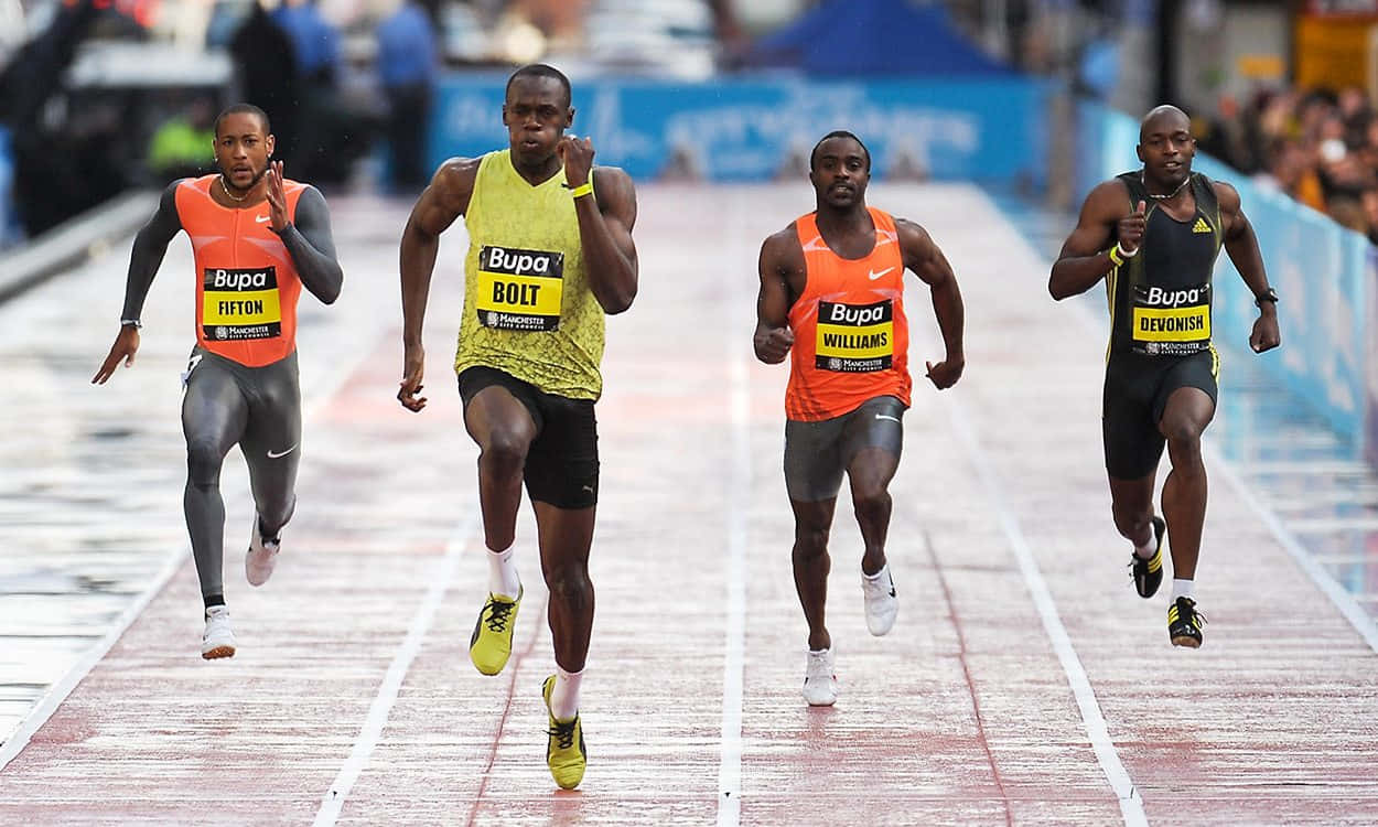 Usain Bolt Leading The Race Background
