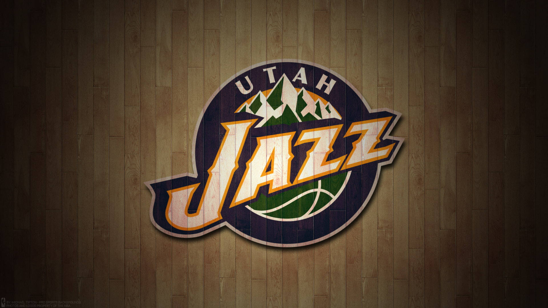 Utah Jazz Emblem Oak Floor Background