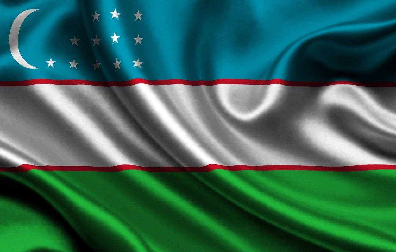 Uzbekistan Flag In Satin Fabric Background
