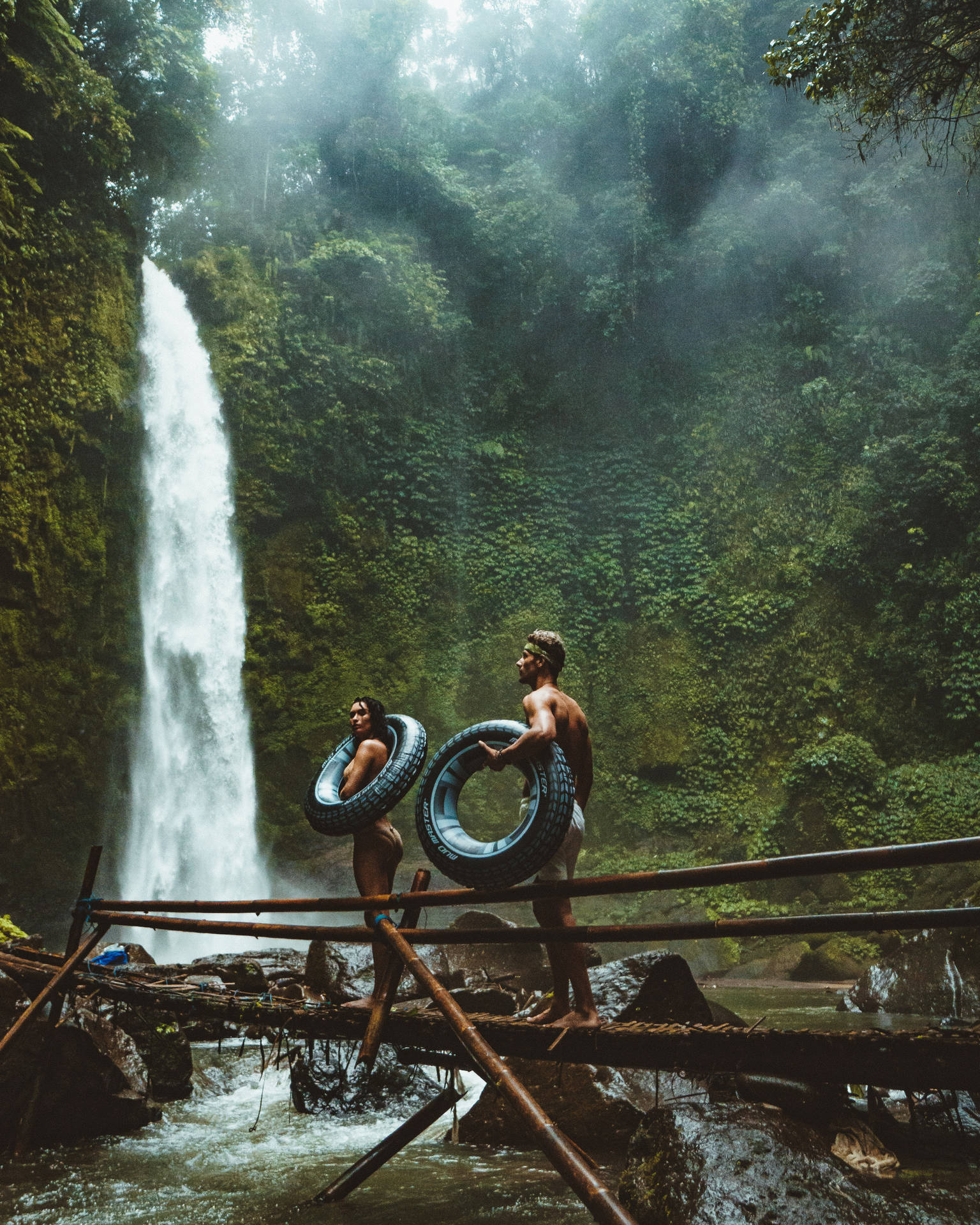 Vacation Couple At Waterfall Background