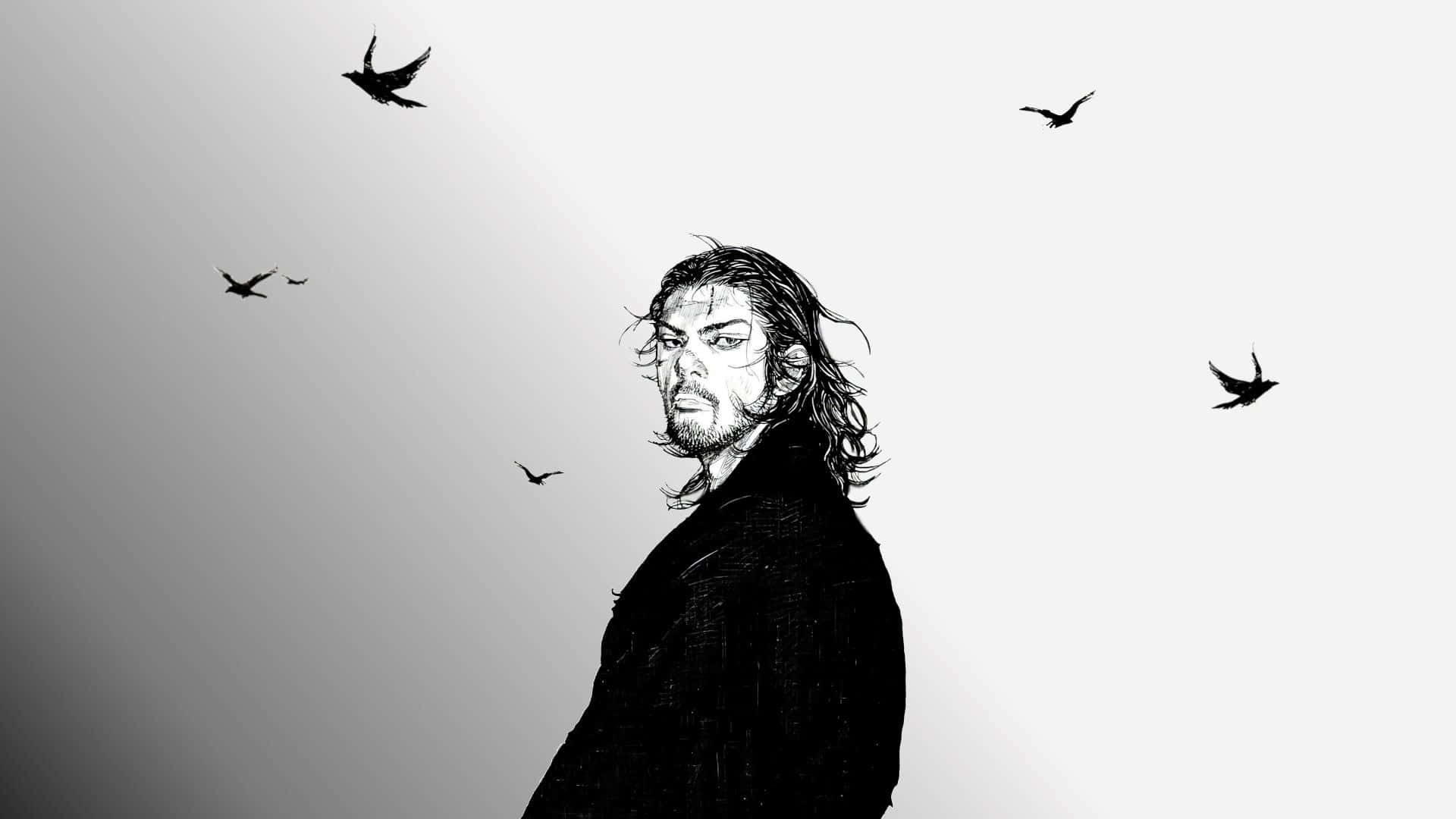 Vagabond Manga Characterwith Birds Background