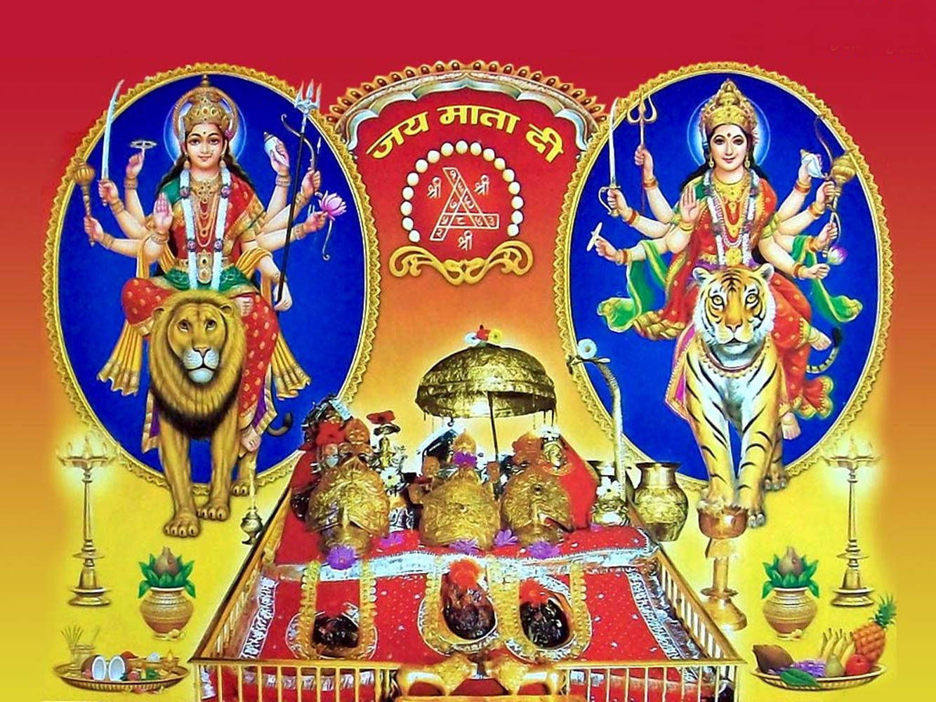Vaishno Devi Forms With A Durga Yantra Background