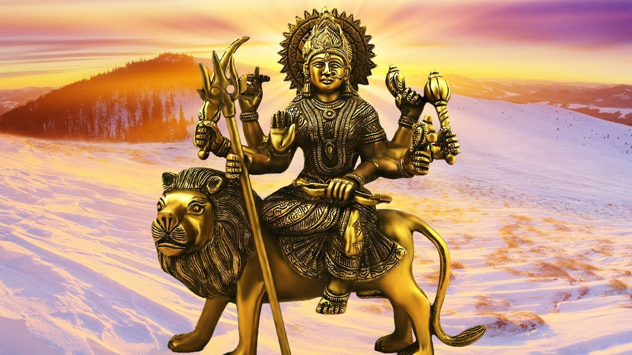 Vaishno Devi Golden Statue With Lion Background