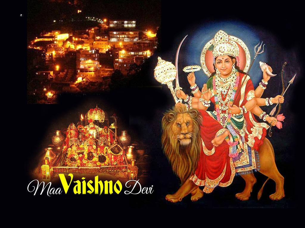 Vaishno Devi Sitting On A Male Lion Background