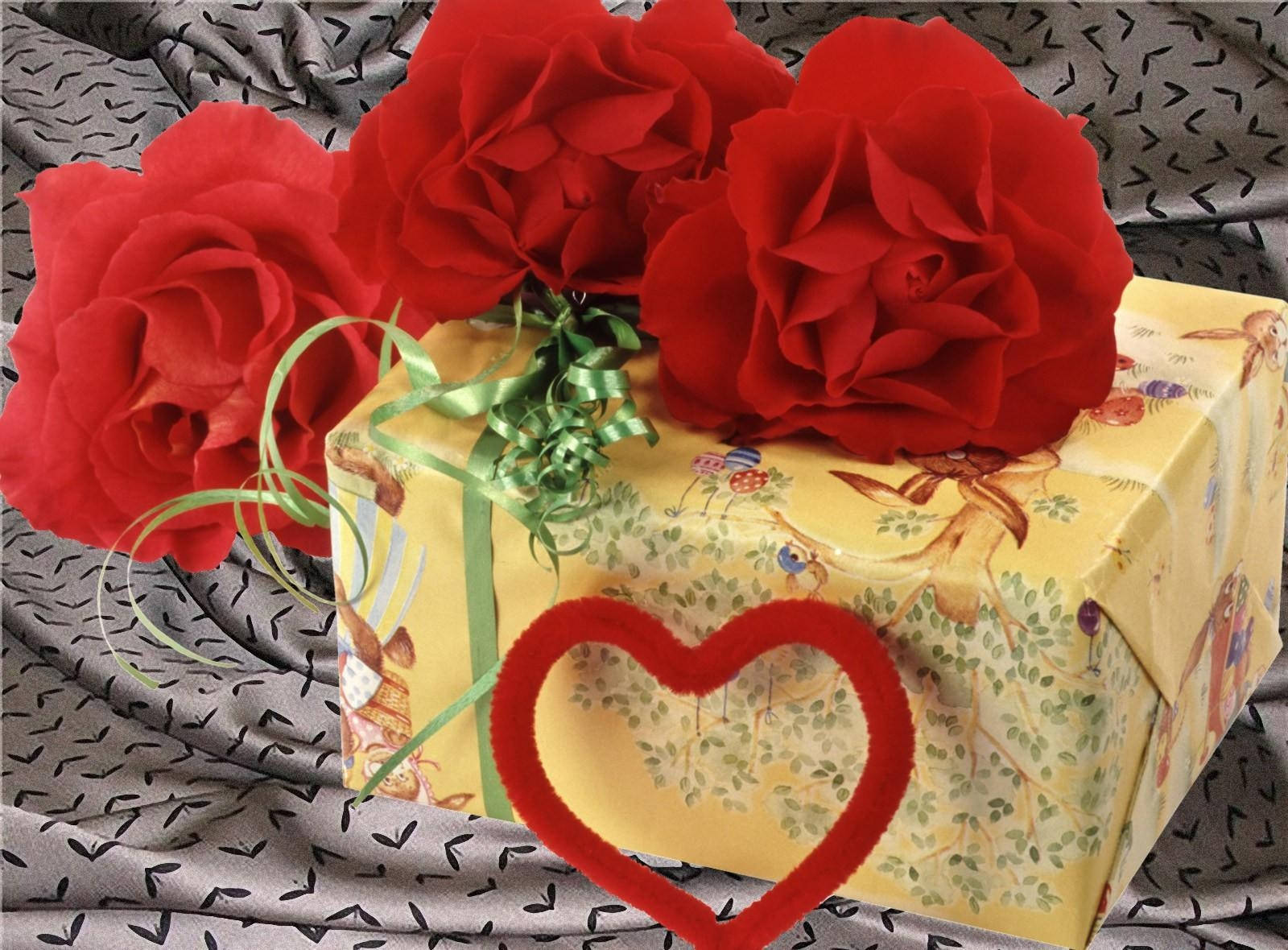 Valentine's Day Gift Box With Red Roses Background