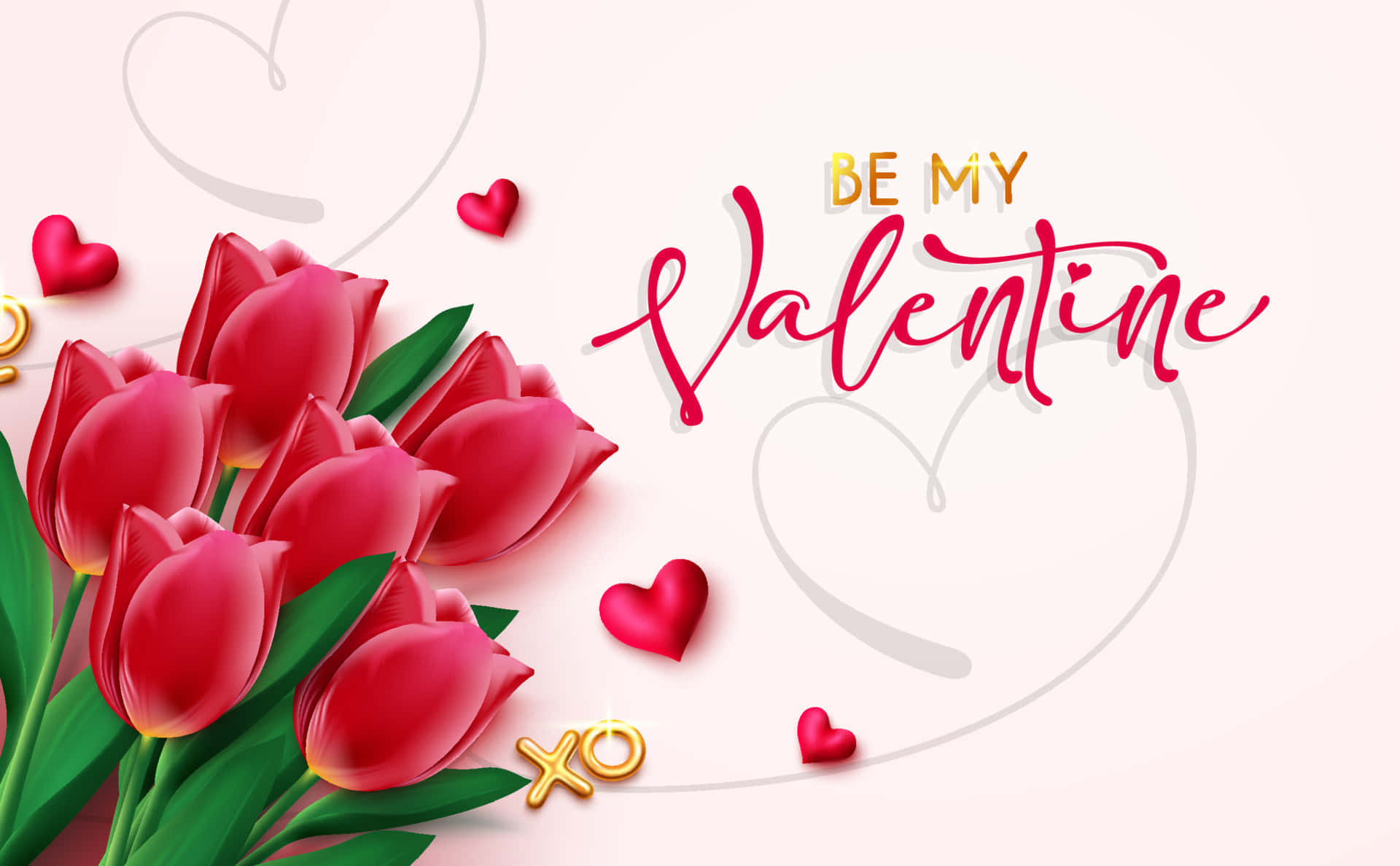 Valentine's Day Greetings With Red Tulips And Hearts Background