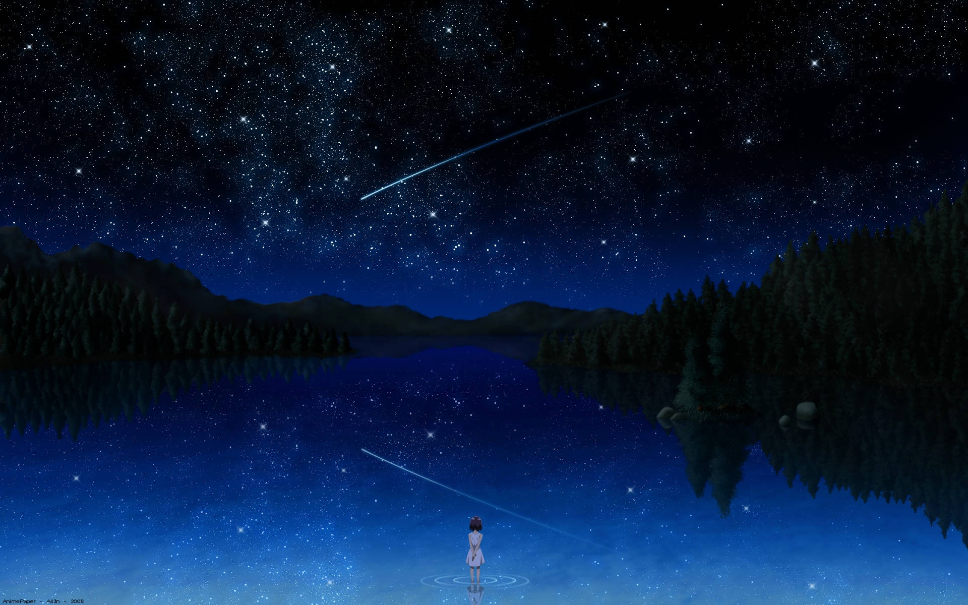 Valley Scenery Anime Night Sky