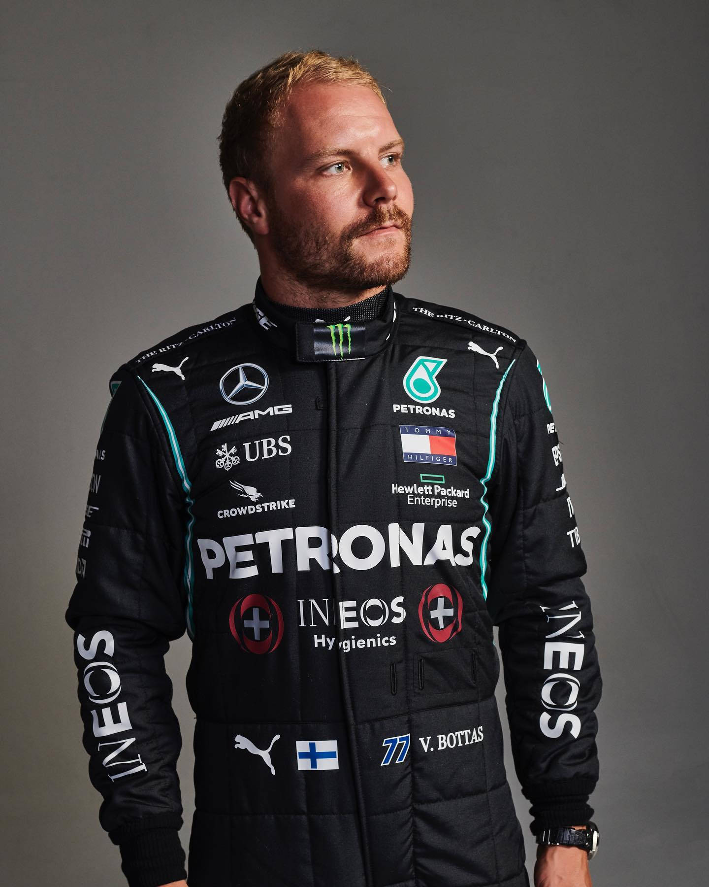 Valtteri Bottas Black Petronas Race Suit Background