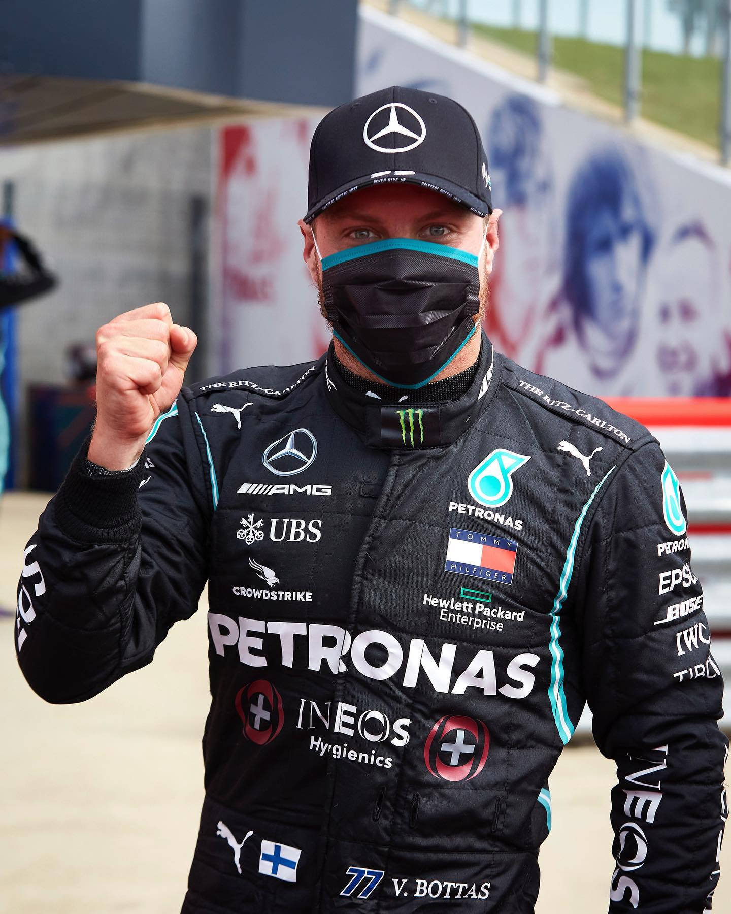 Valtteri Bottas Face Mask Fist Up Background