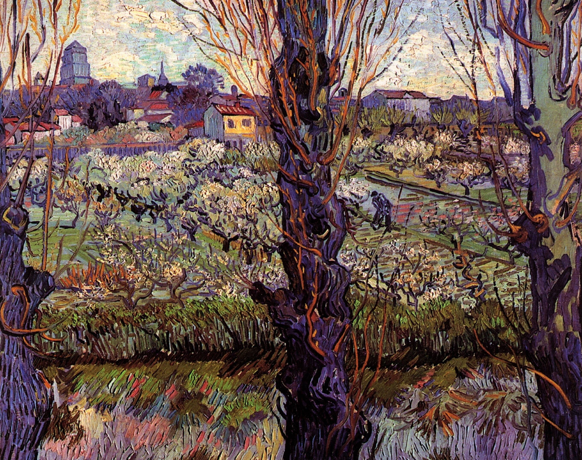 Van Gogh Arles Flowering Orchards Background