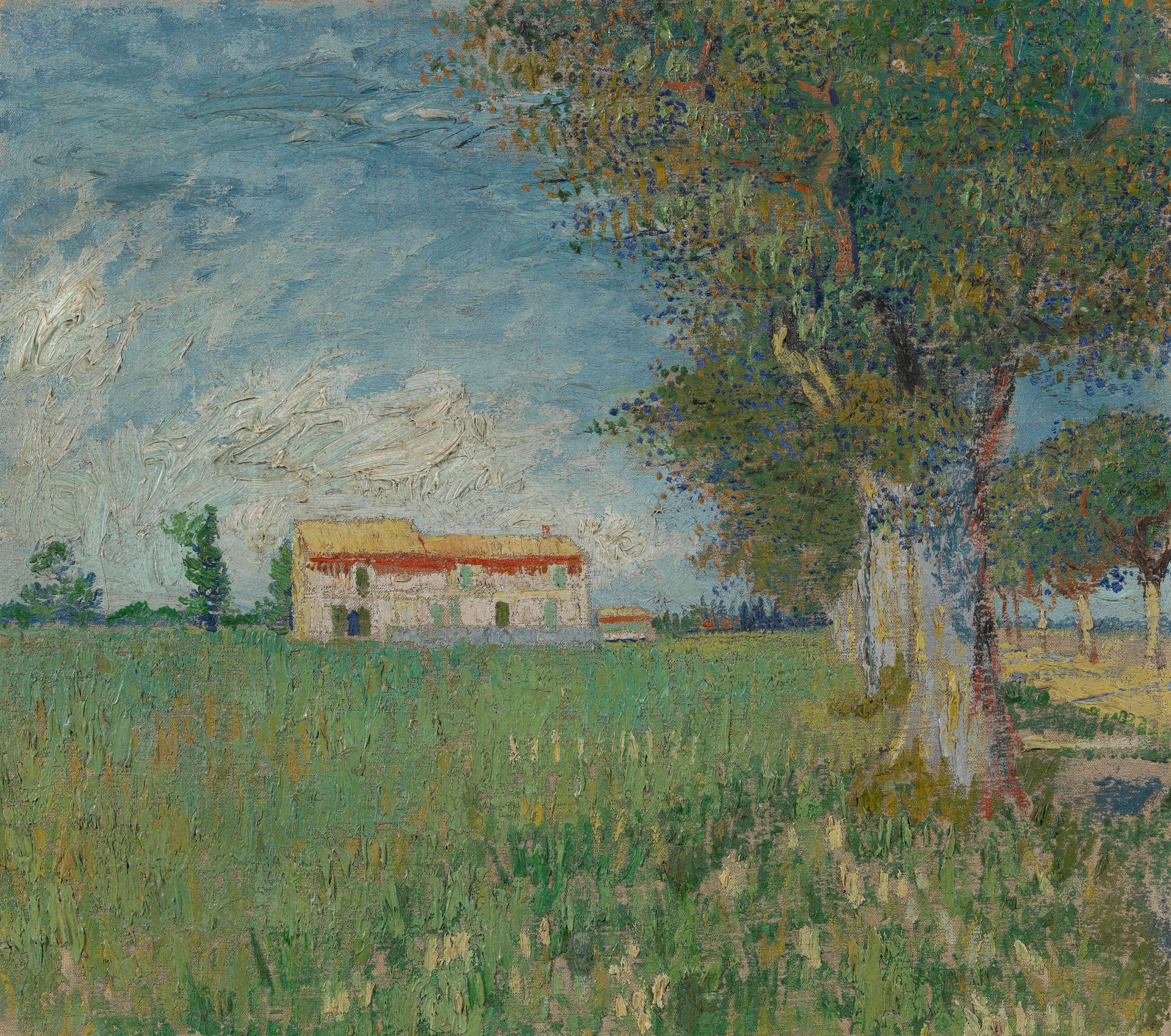 Van Gogh Farmhouse In A Wheatfield Background