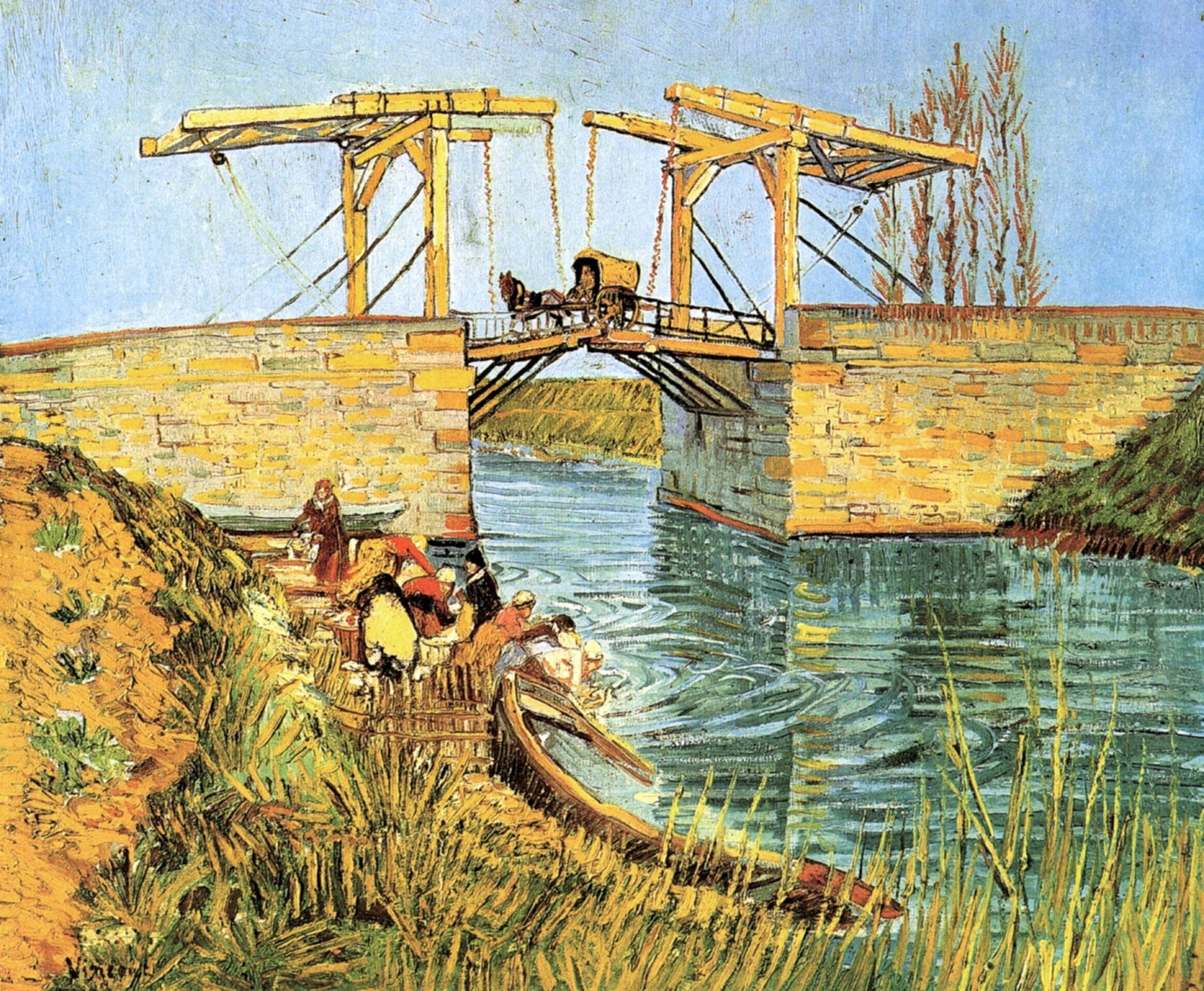 Van Gogh Langlois Bridge Arles Women Background