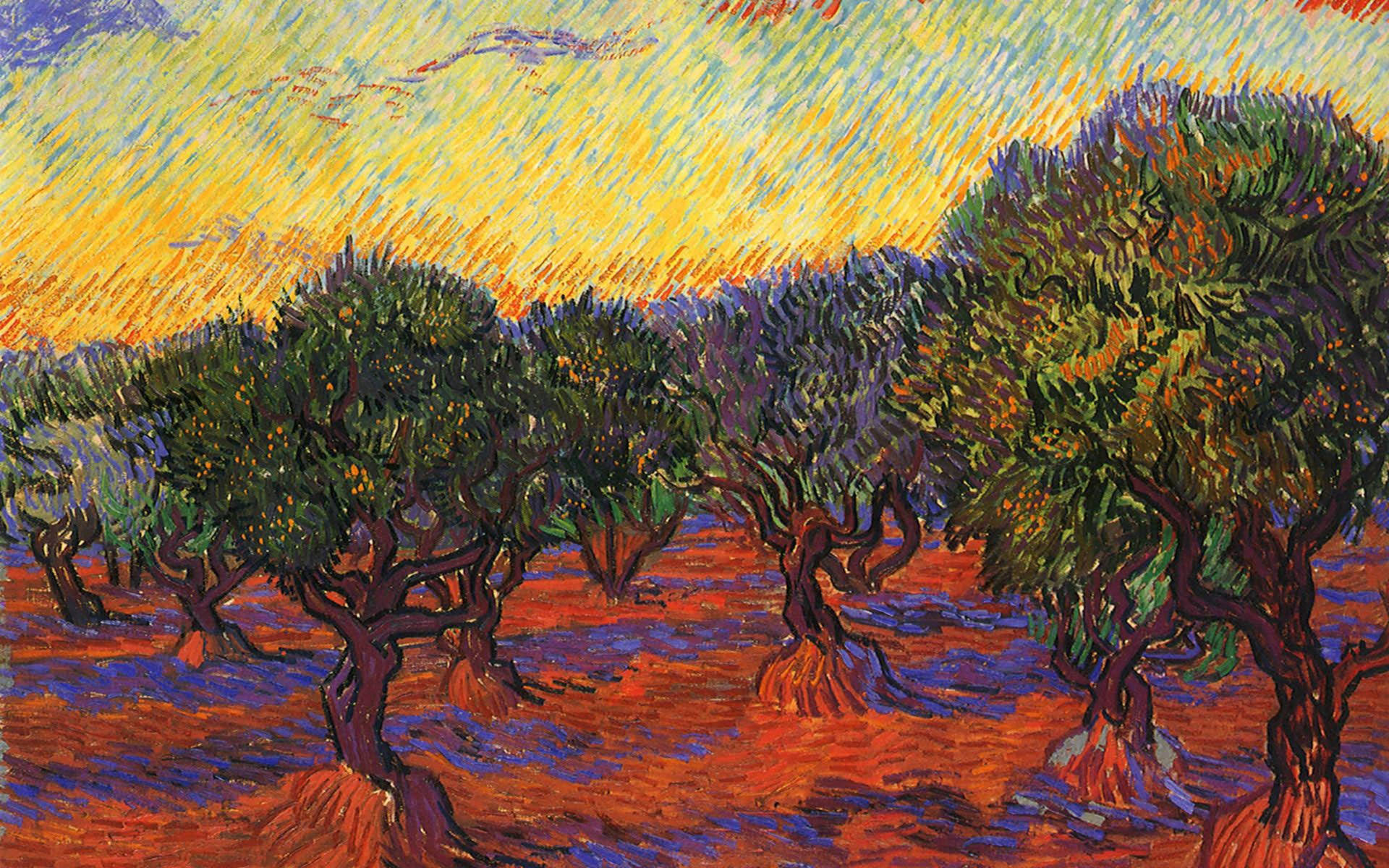 Van Gogh Olive Grove Orange Sky Background