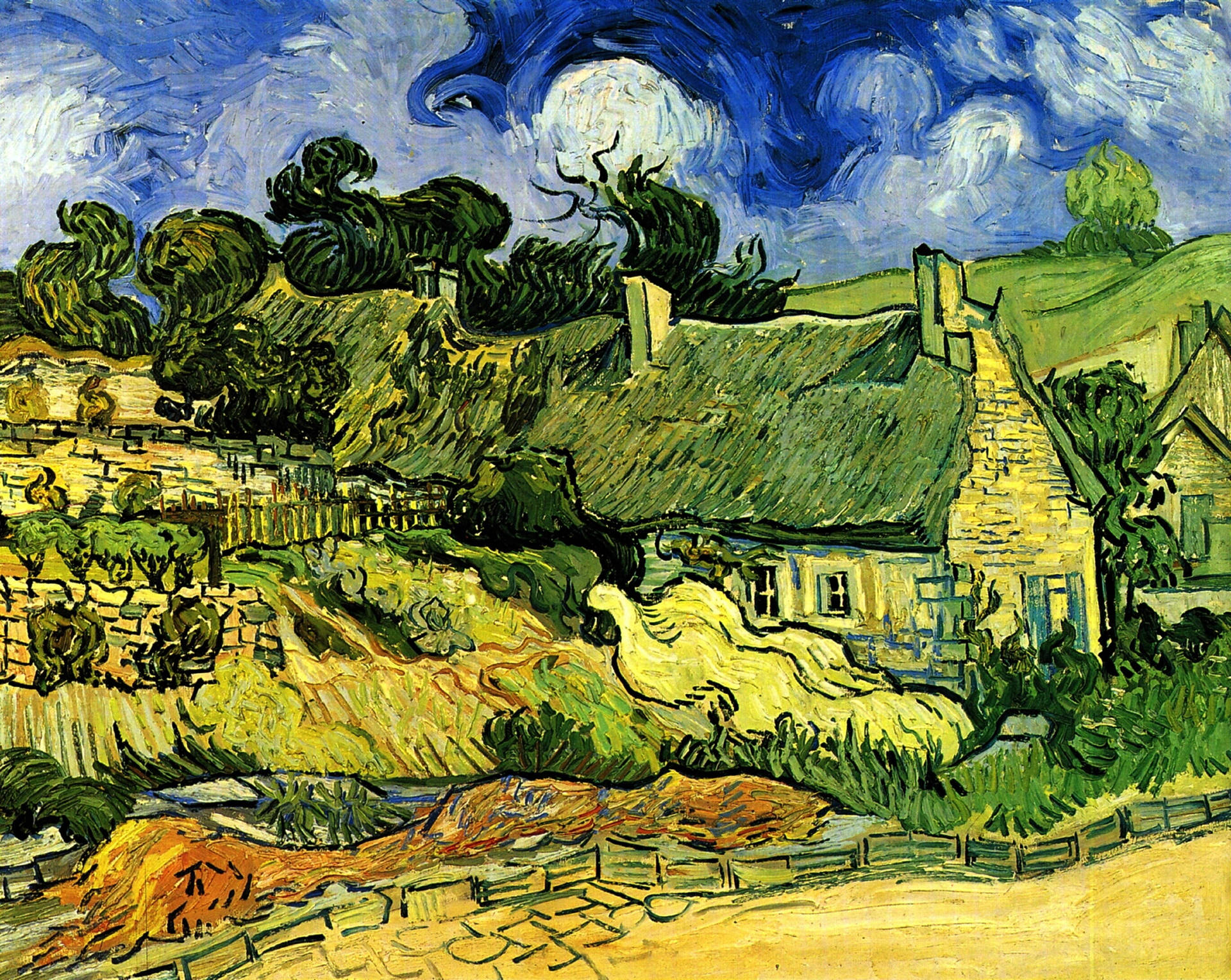 Van Gogh Thatched Cottages At Cordeville Background