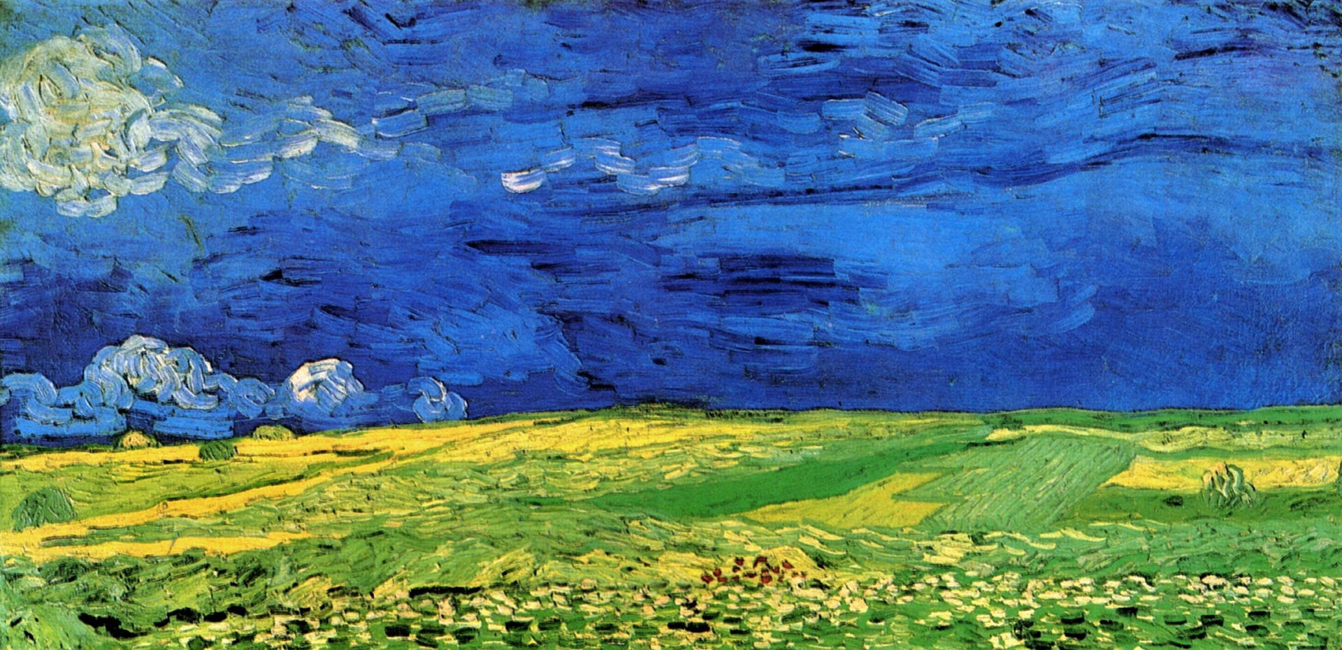 Van Gogh Wheatfield Under Thunderclouds Background