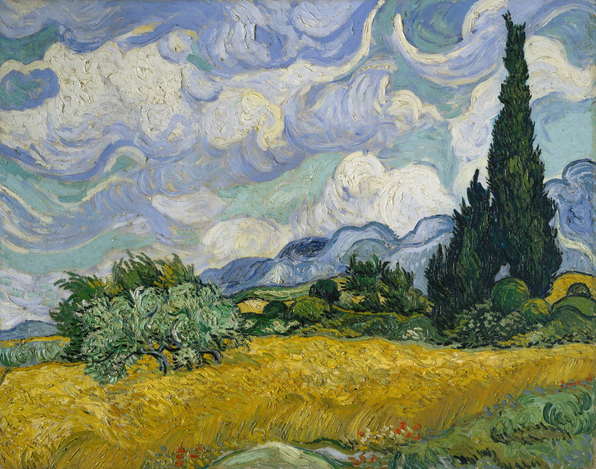 Van Gogh Wheatfield With Cypresses Background