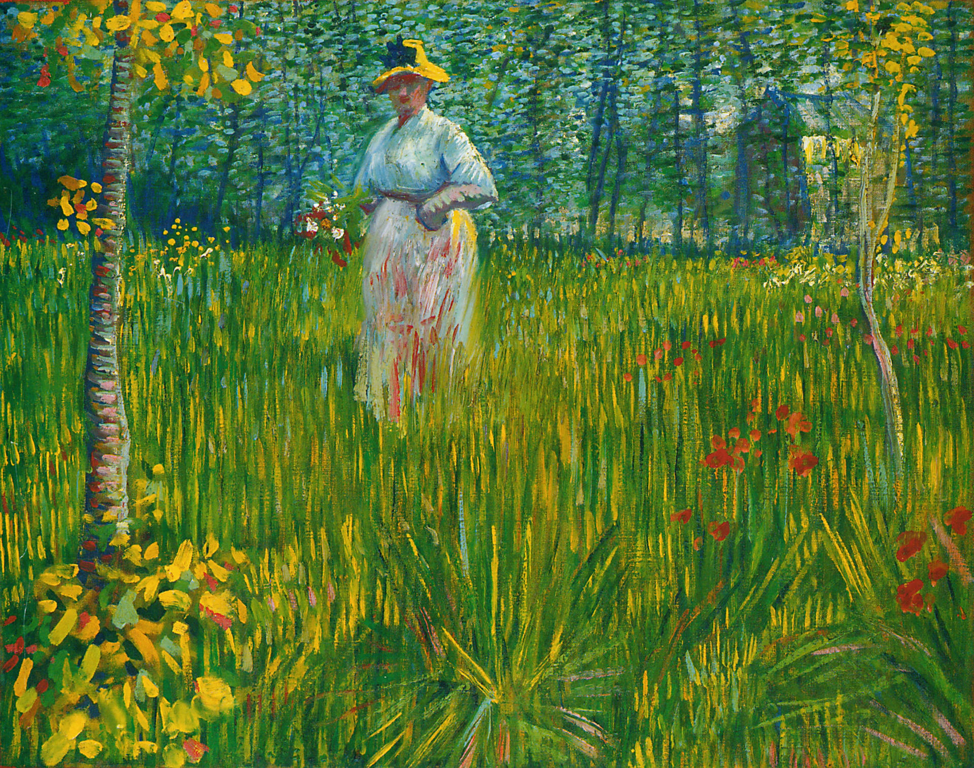 Van Gogh Woman Walking In Garden Background