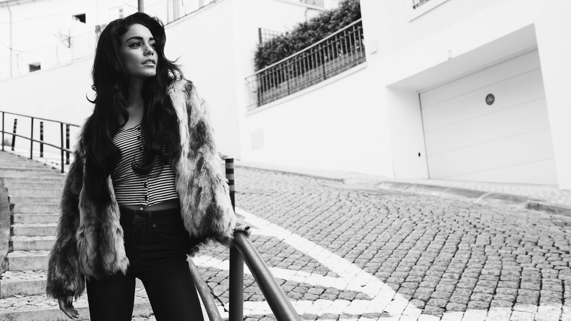 Vanessa Hudgens Black And White Fur Outfit Background