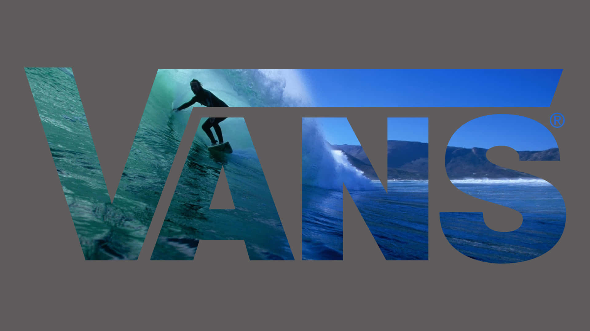 Vans Logo With A Surfer Riding A Wave Background