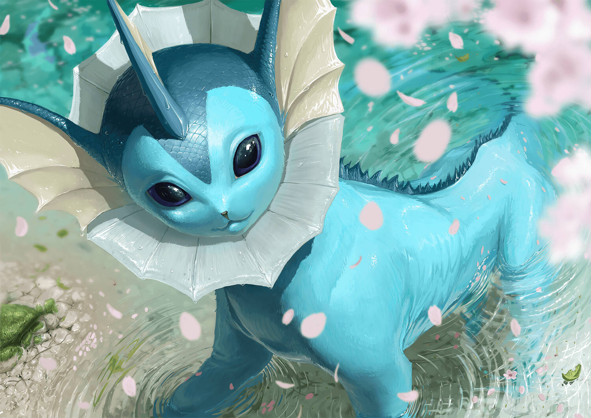 Vaporeon And Cherry Blossoms Background