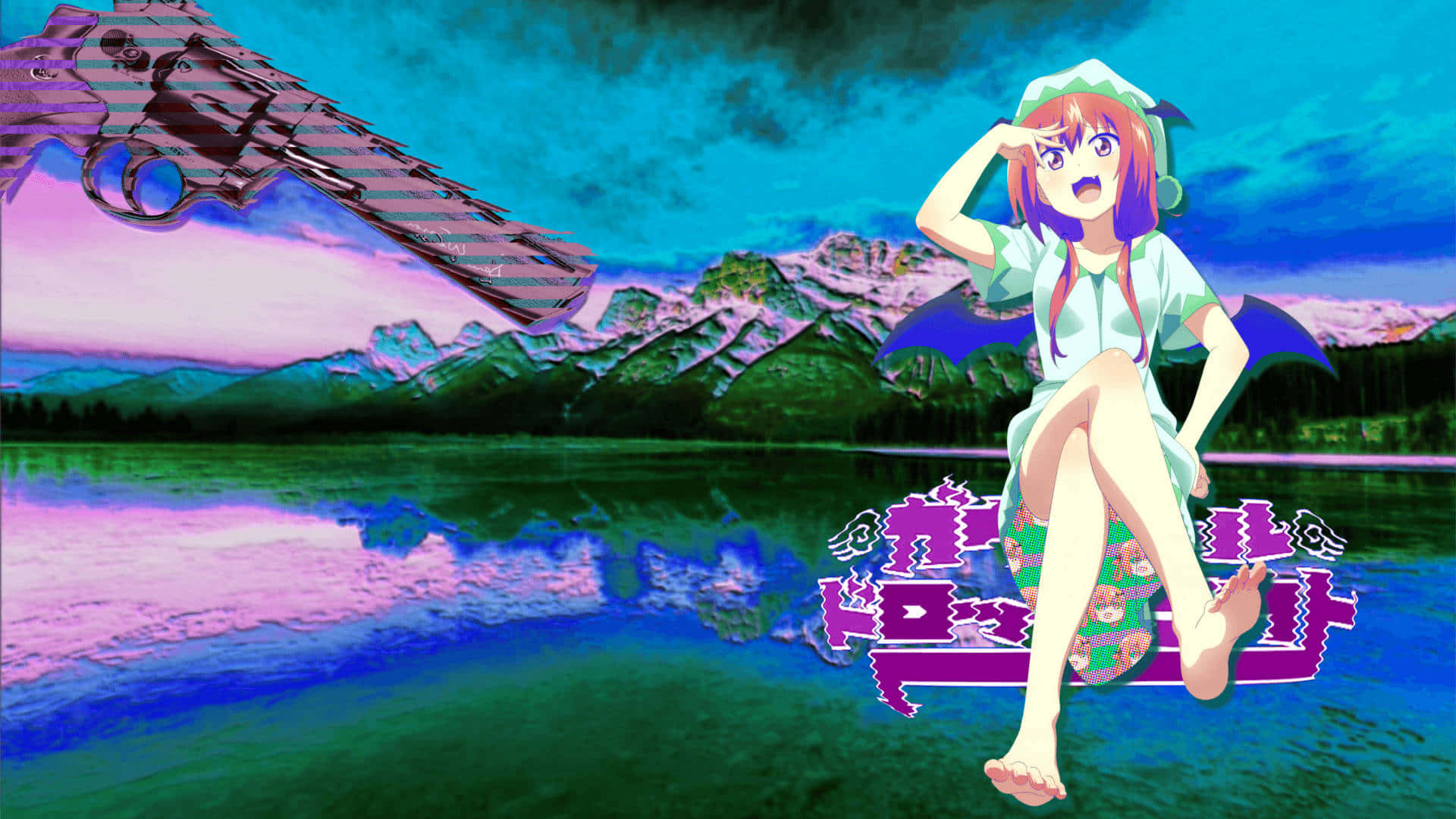 Vaporwave Anime Character Wielding A Purple Gun In A Surreal World