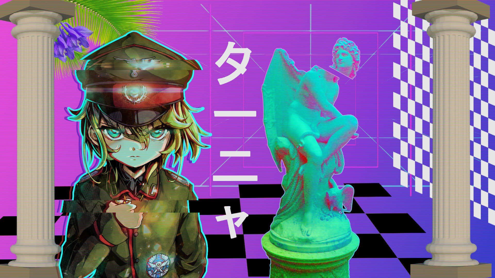 Vaporwave Anime Headless Statue Background