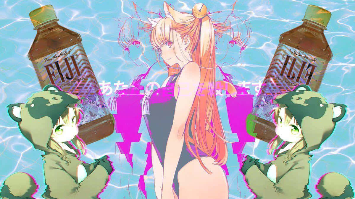 Vaporwave Anime Lady Long Hair Background