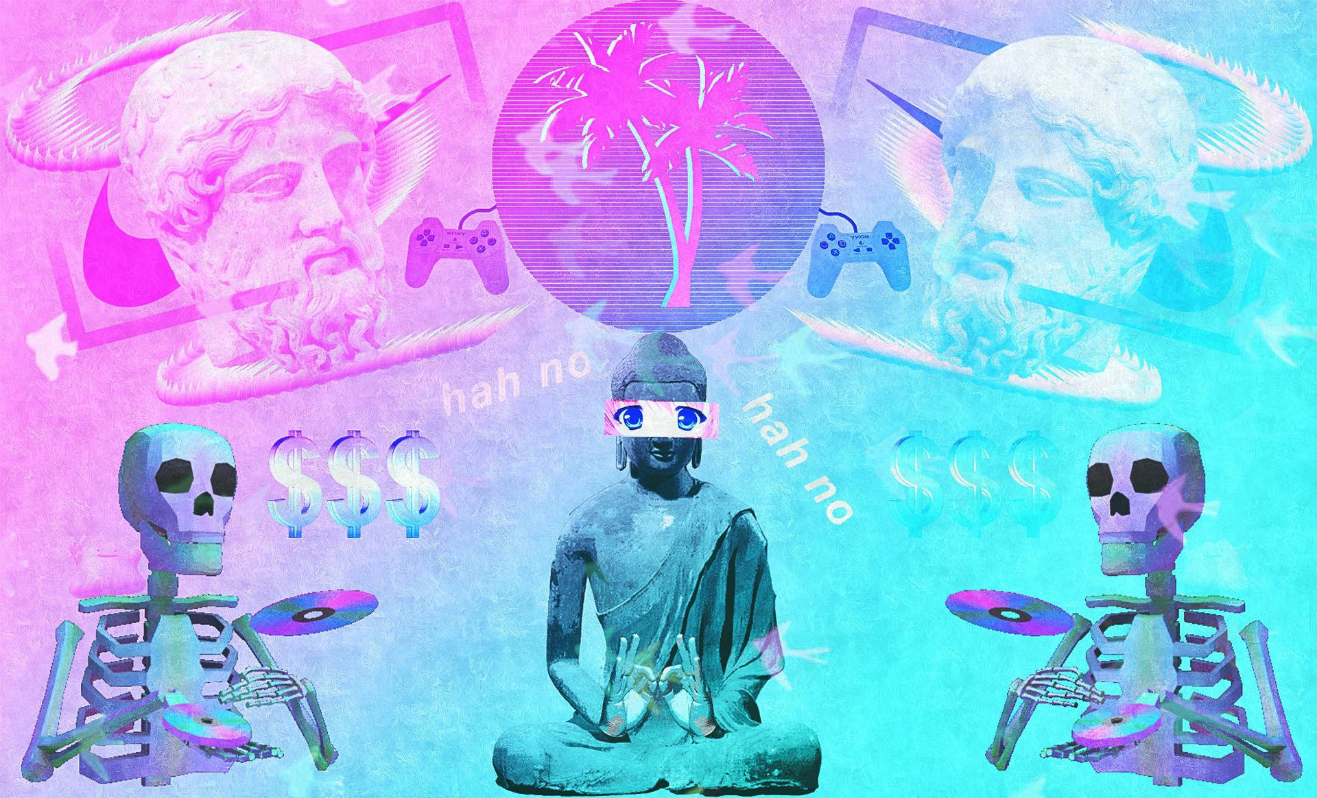 Vaporwave Desktop Buddha Skeletons Background