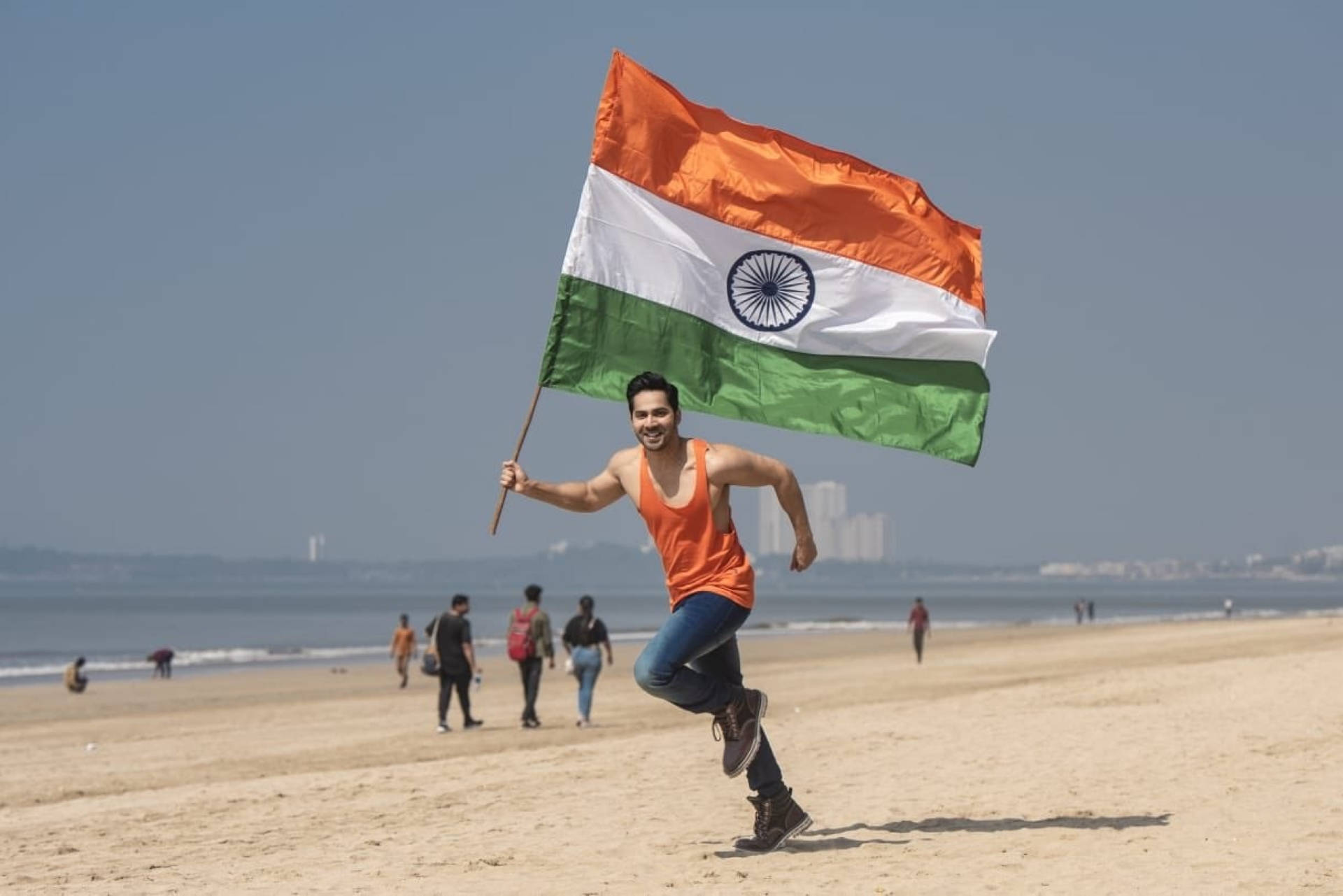 Varun Dhawan With The Indian Flag Background
