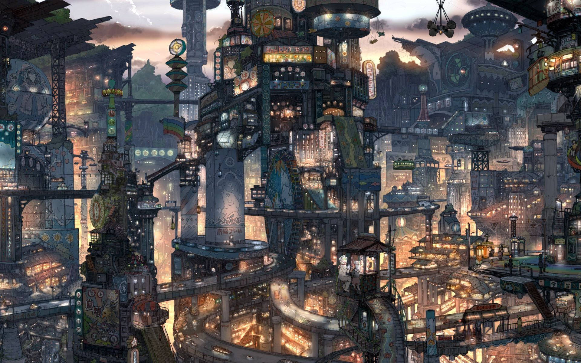 Vast Japanese Anime City Buildings Background