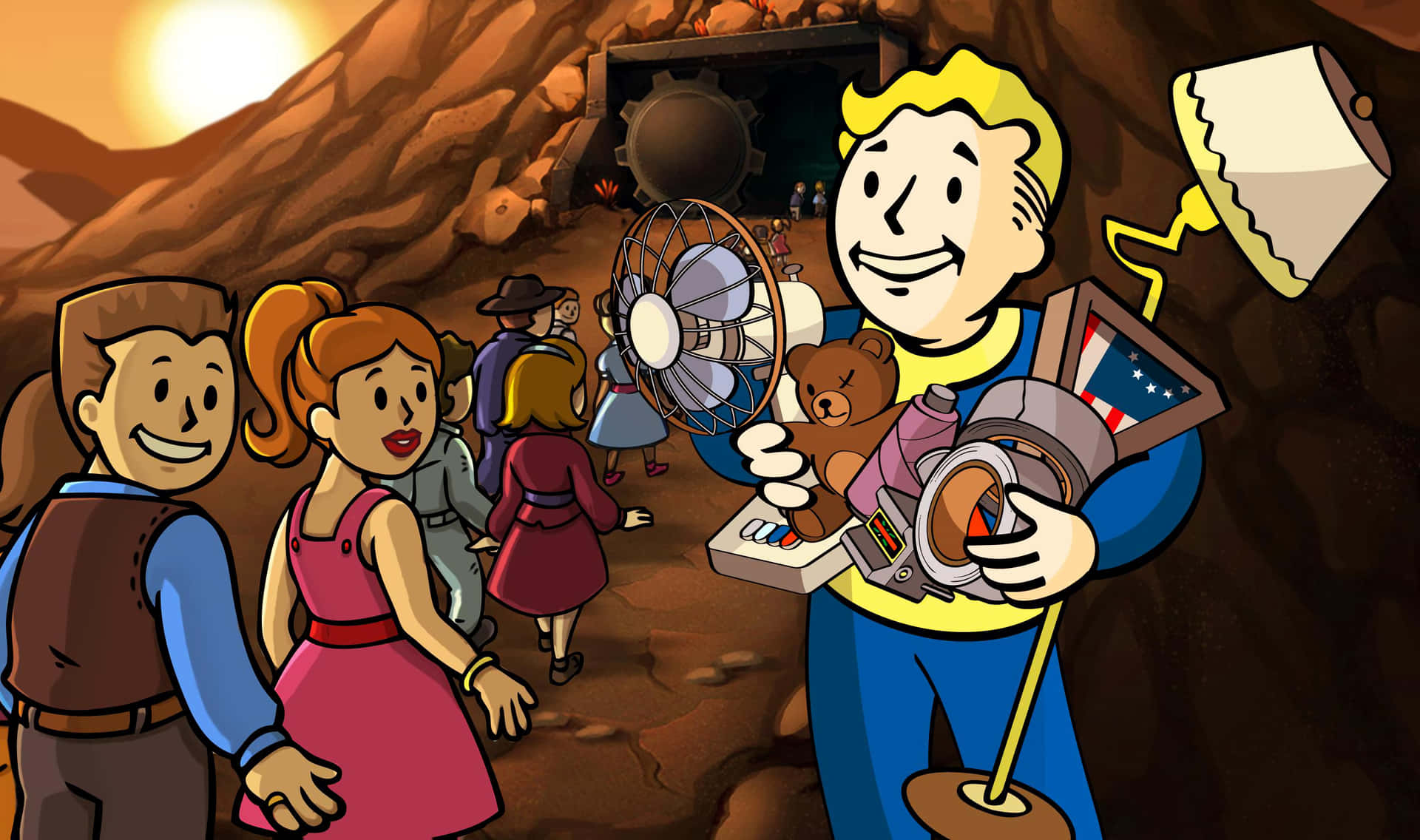 Vault Boy Group Of People Under Cave Background