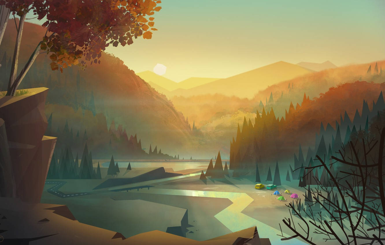 Vector Art Sunset And River View Background