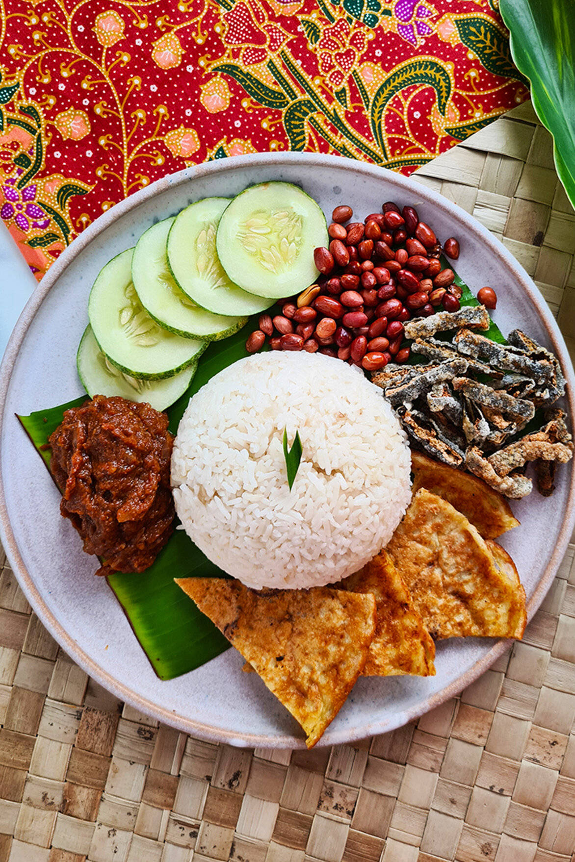 Vegan Malaysian Food Nasi Lemak Overhead Shot Background