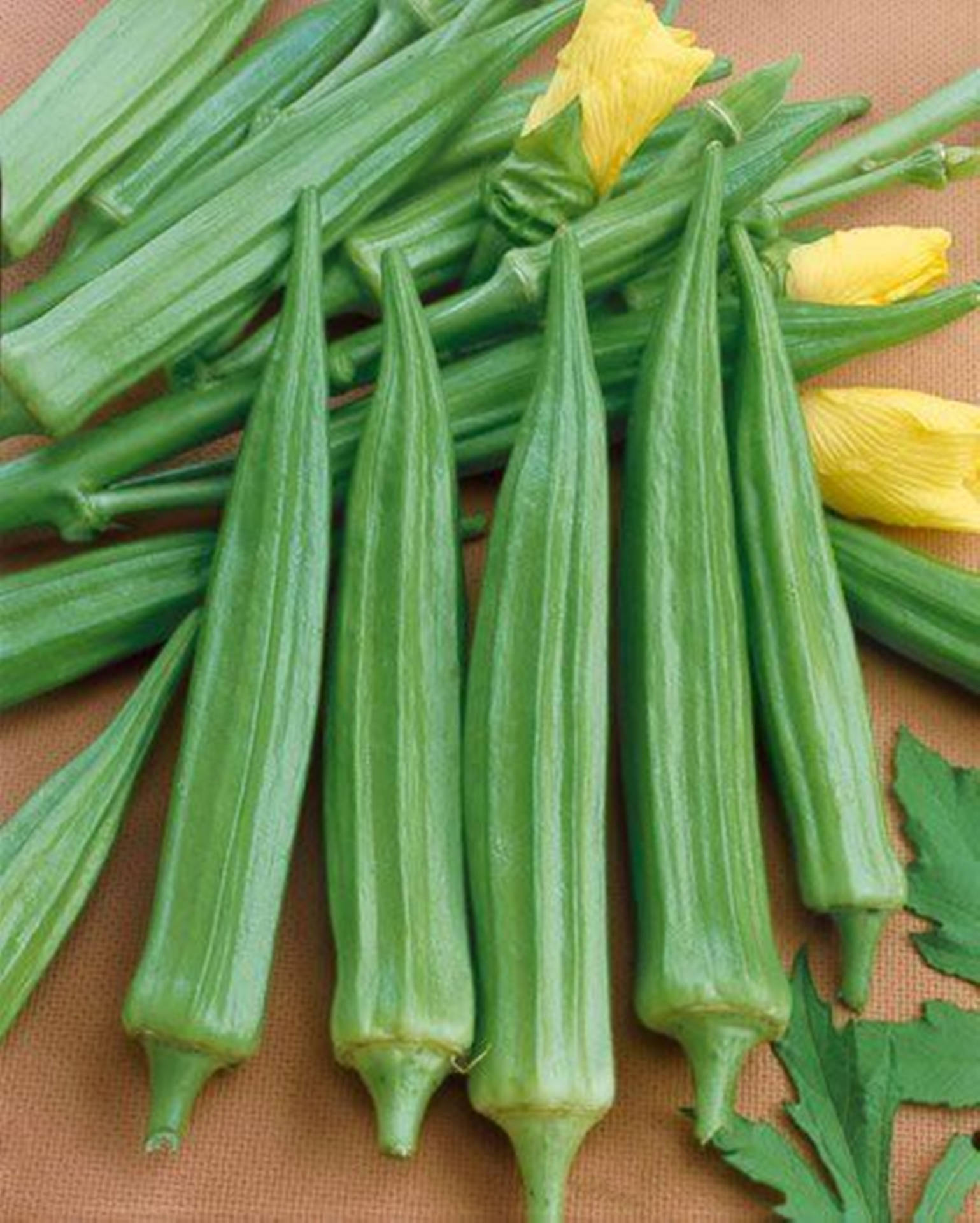 Vegetable Okras With Yellow Flower Background