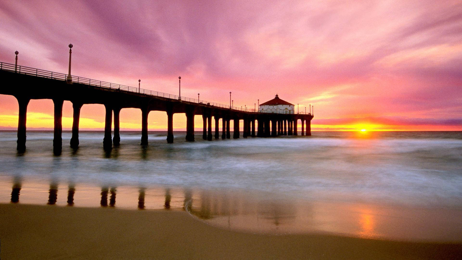 Venice Beach Sunset Pier Pink Sky Background