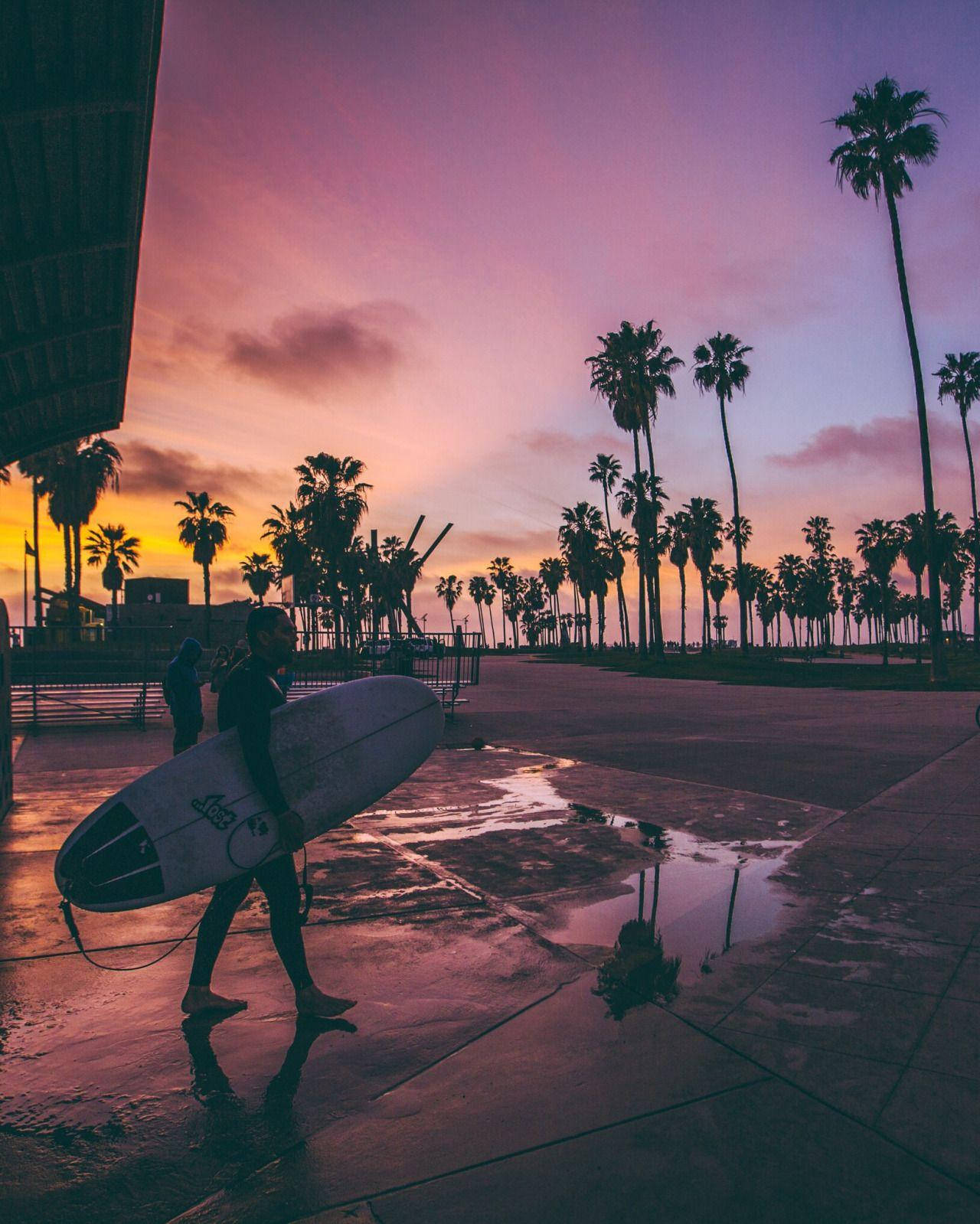 Venice Beach Surfer Sunset Background