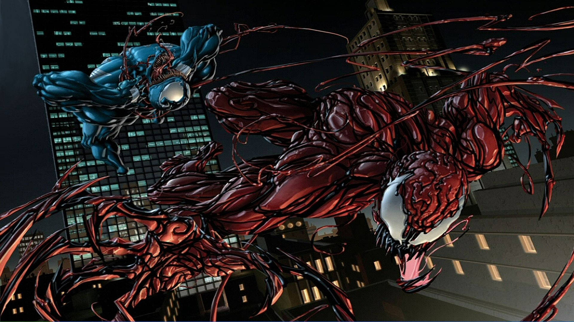 Venom Carnage Fighting In City Background