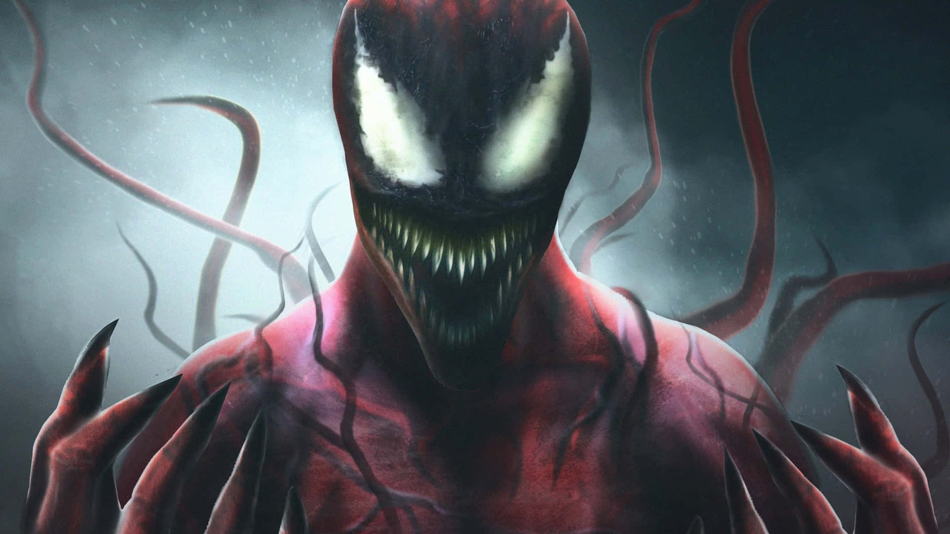Venom Is A Red And Black Character With A Large Mouth Background