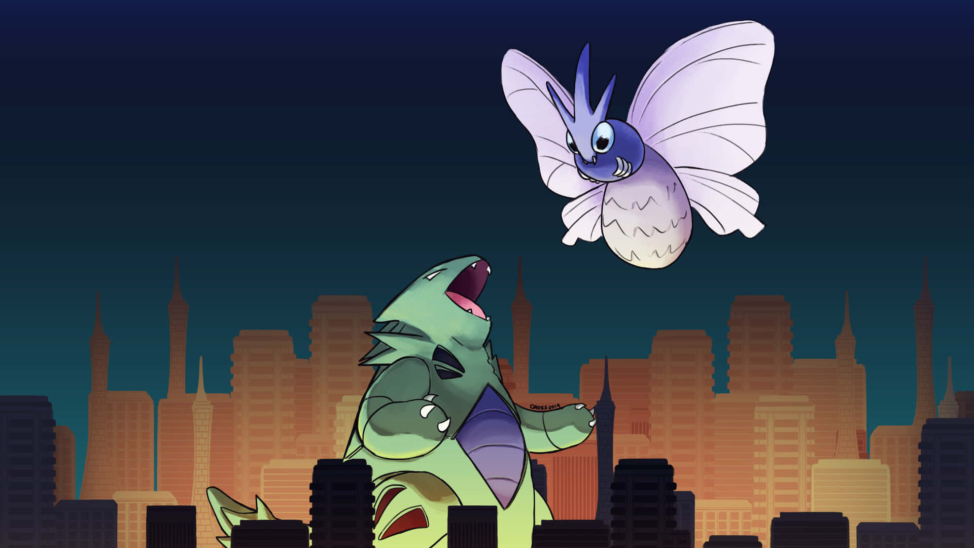 Venomoth And Tyranitar Battling In The City