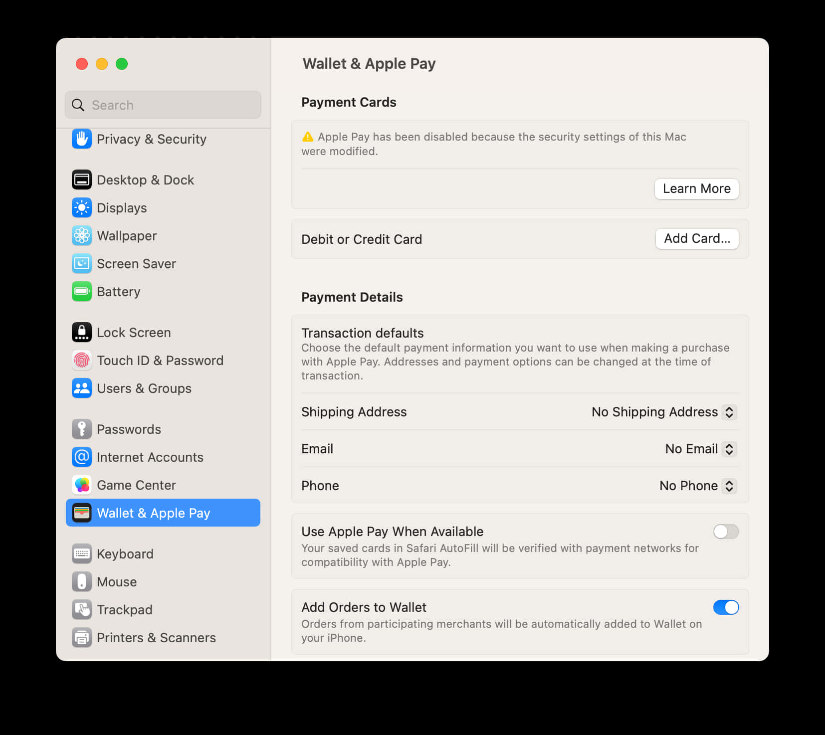 Ventura Settings Turn Off Apple Pay