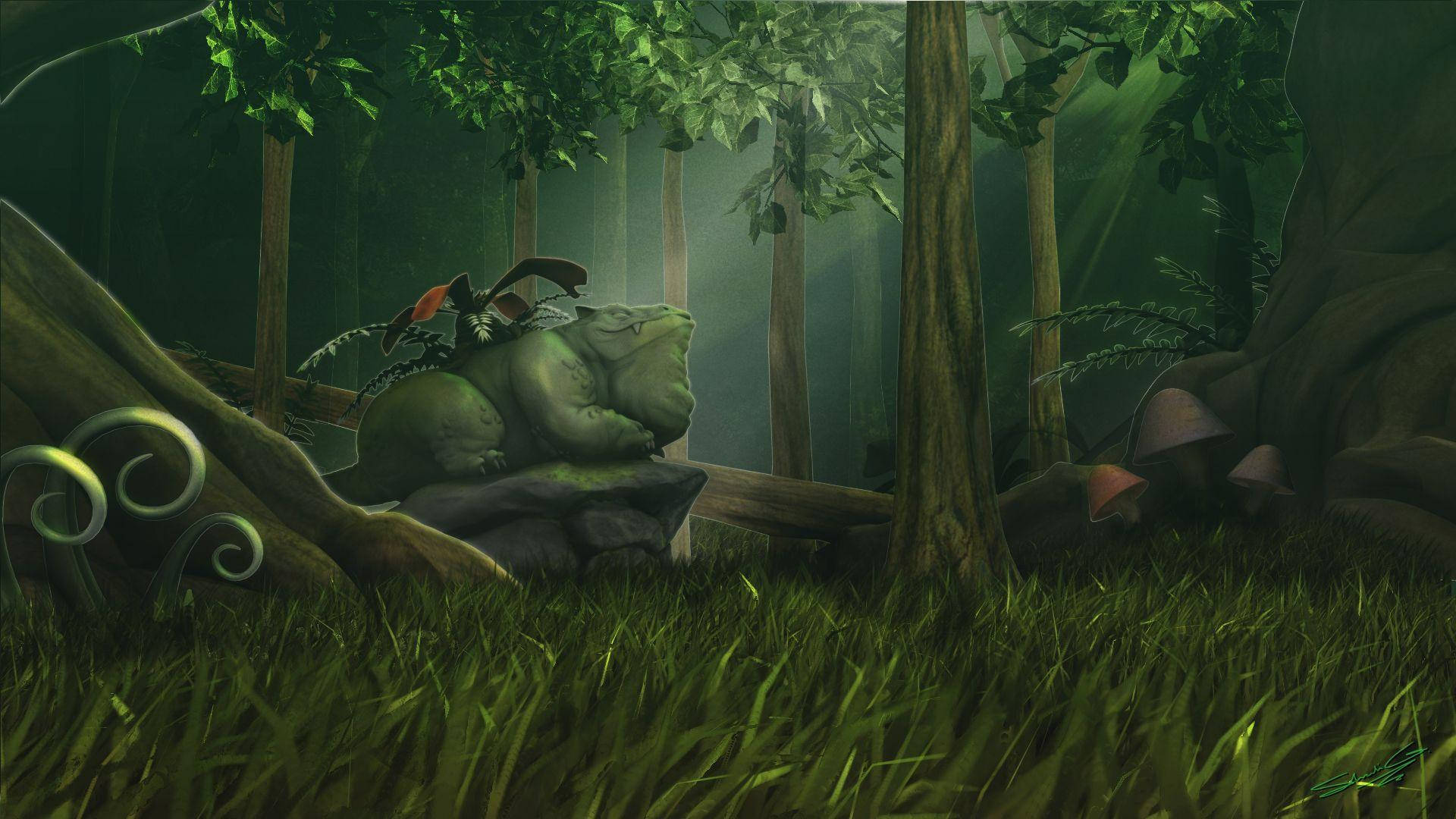 Venusaur Sleeping In Forest Background