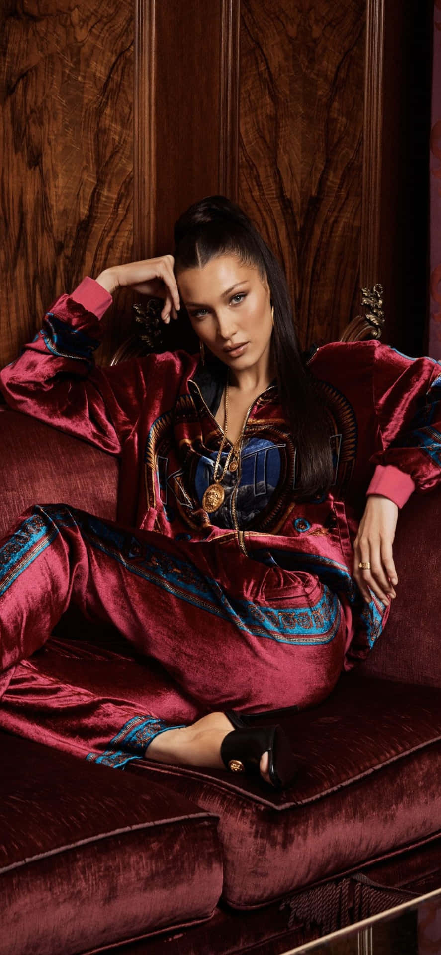 Versace Iphone Bella Hadid Red Velvet Jumpsuit Background